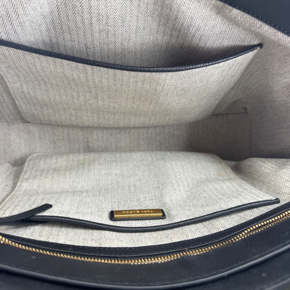 Tory Burch Womens Robinson Tote Pebbled Leather Gold Logo Black Handbag Large - Picture 3 of 16